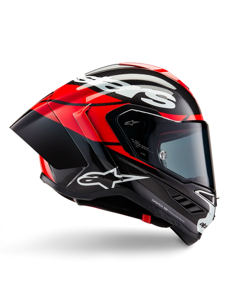 Alpinestars Supertech R10 Element Helmet, Full-face motorcycle racing helmet, Black Carbon with Bright Red and White accents, side profile showing aerodynamic carbon fiber shell, glossy finish with white logo, tinted visor, professional racing protection