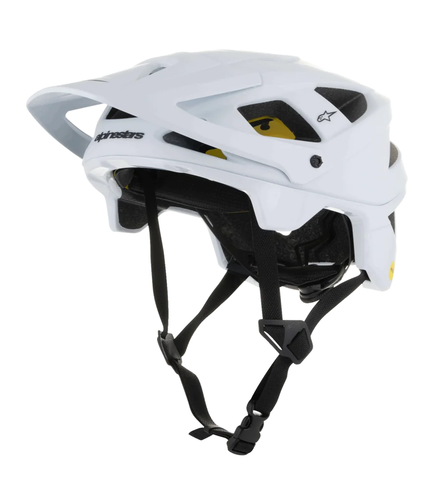 Alpinestars Vector Tech Solid Helmet, MTB Mountain Bike Helmet, White Matt and Glossy, featuring an angular design with multiple air vents, black adjustable chin straps, yellow Mips interior padding, and an adjustable front visor