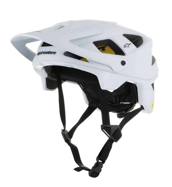 Alpinestars Vector Tech Solid Helmet, MTB Mountain Bike Helmet, White Matt and Glossy, featuring an angular design with multiple air vents, black adjustable chin straps, yellow Mips interior padding, and an adjustable front visor