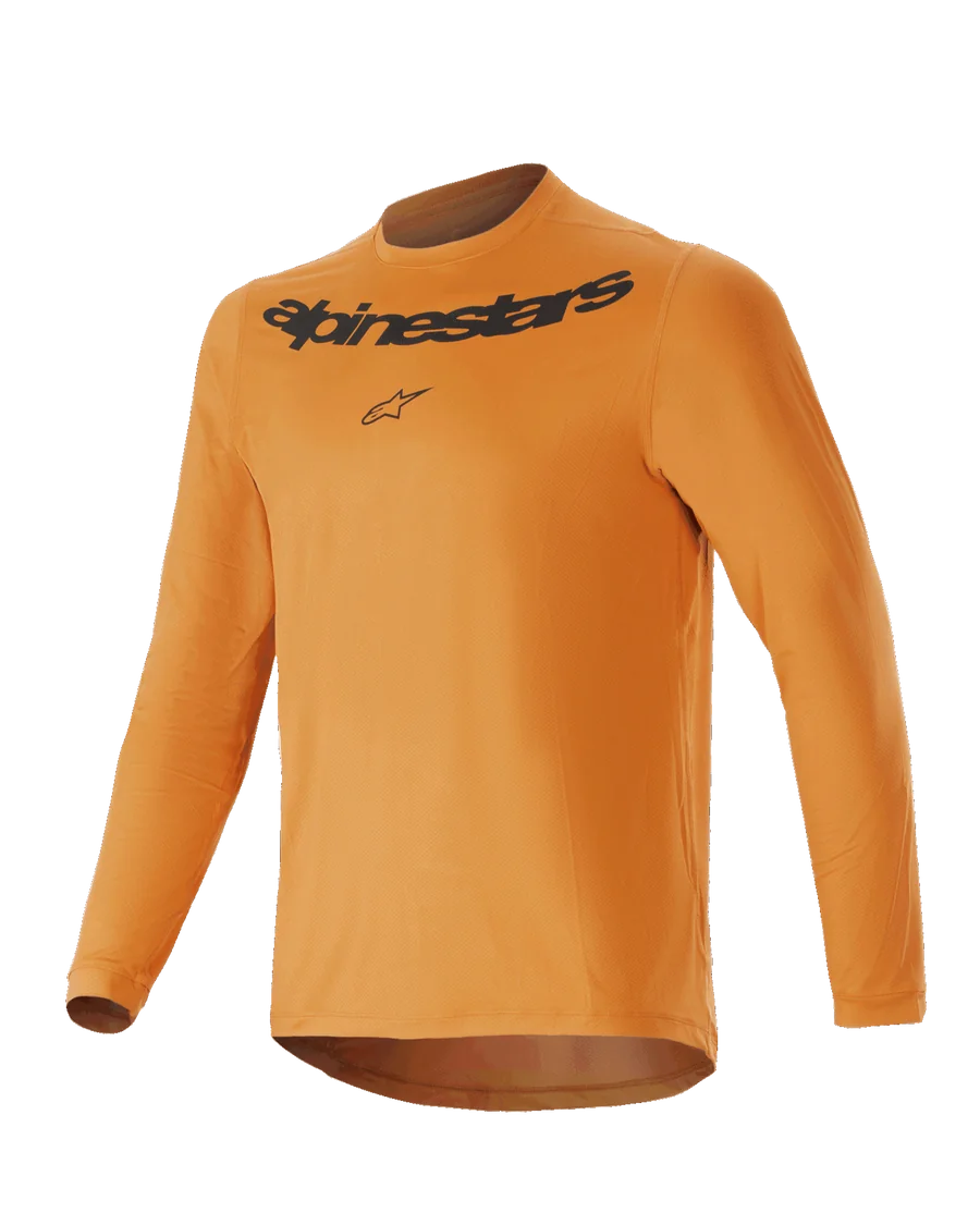 Alpinestars Youth A-Dura Rocker Long Sleeve Jersey, Dark Gold, featuring black Alpinestars wordmark and logo on the chest, crew neck, drop tail hem, lightweight performance mountain bike apparel