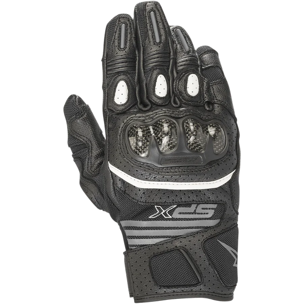 Alpinestars Women's SPX Air Carbon V2 Gloves, Black and Anthracite, short-cuff motorcycle gloves with carbon fiber knuckle protection, perforated leather and mesh panels for airflow, white accent stripe, and SPX branding.