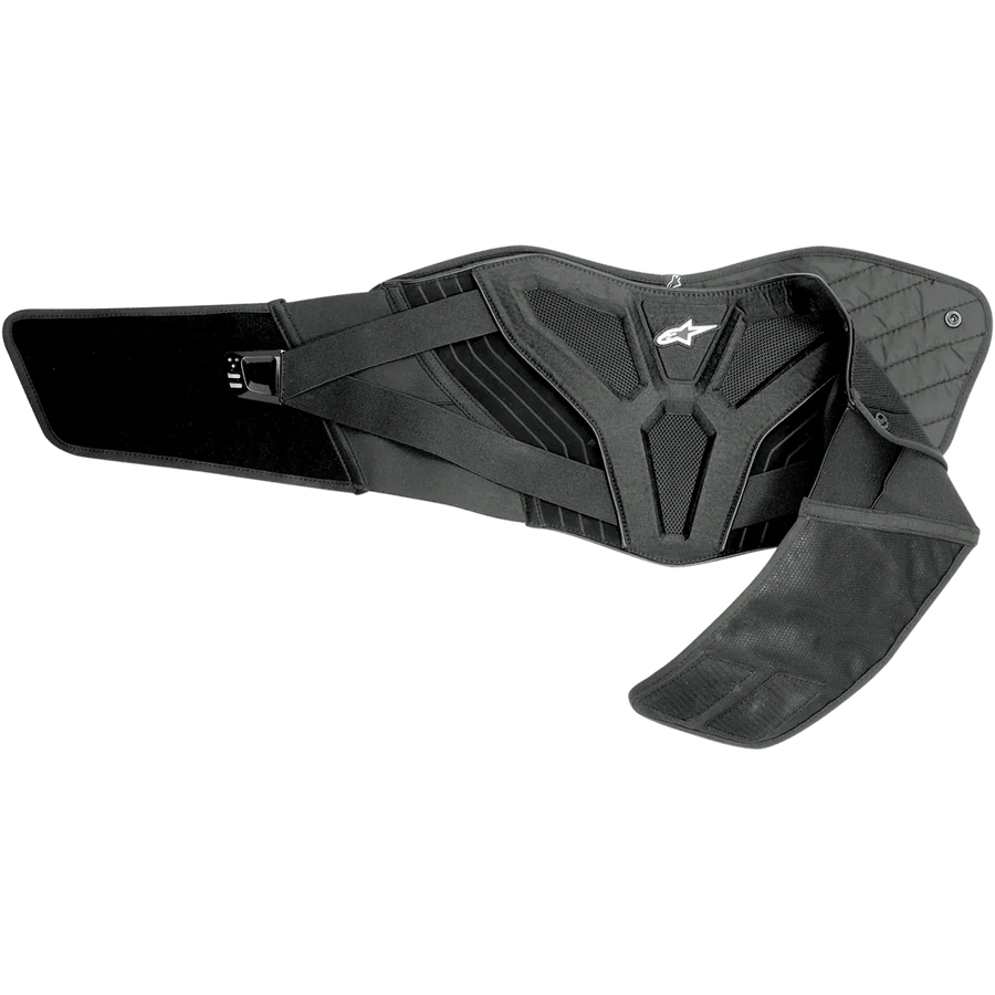 Alpinestars Touring Belt, Black Motorcycle Kidney Belt, featuring ergonomic lower back support, quilted thermal liner, mesh panels for ventilation, dual elastic waistband with white Astars logo, protective gear for road and adventure riding