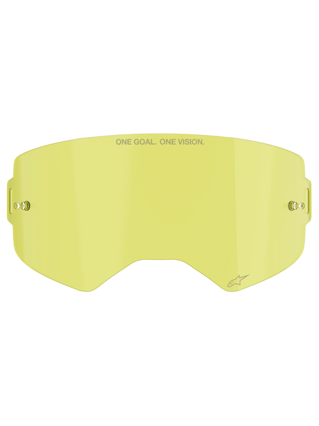 Alpinestars Supertech Clear Lens, Motocross Goggle Replacement Lens, Yellow tint, featuring "ONE GOAL. ONE VISION." branding, integrated tear-off posts, transparent impact-resistant polycarbonate construction.