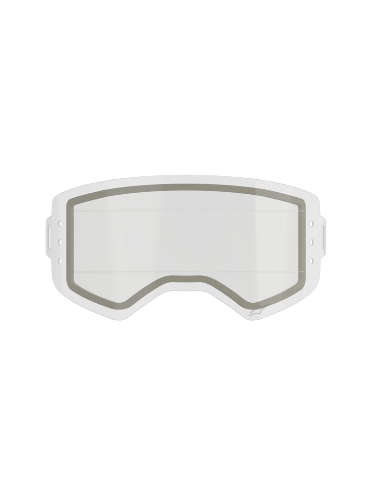 Alpinestars Supertech Dual Pane Roll Off Lens, Motocross Goggle Replacement Lens, Clear, dual-pane construction with a visible grey neoprene seal and side notches for roll-off film, transparent impact-resistant polycarbonate