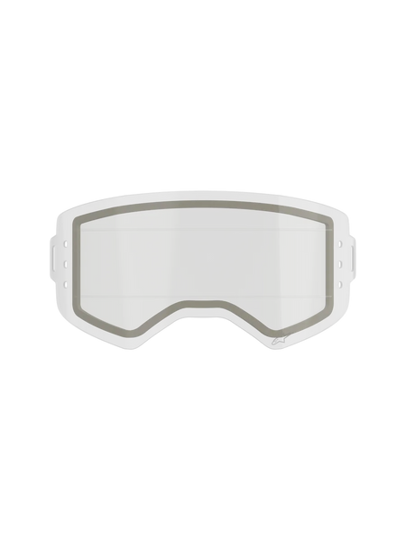 Alpinestars Supertech Dual Pane Roll Off Lens, Motocross Goggle Replacement Lens, Clear, dual-pane construction with a visible grey neoprene seal and side notches for roll-off film, transparent impact-resistant polycarbonate