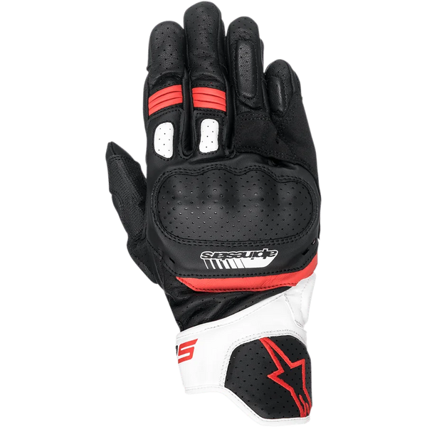 Alpinestars SP-5 Gloves, Motorcycle Racing Gloves, Black White and Red, featuring perforated leather knuckle protection, short cuff with white and red accents, Alpinestars logo branding, ergonomic sport riding design