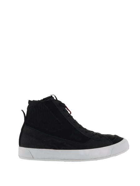 Alpinestars Stated Shoes, black urban motorcycle sneakers with a knitted ankle collar and white vulcanized sole.