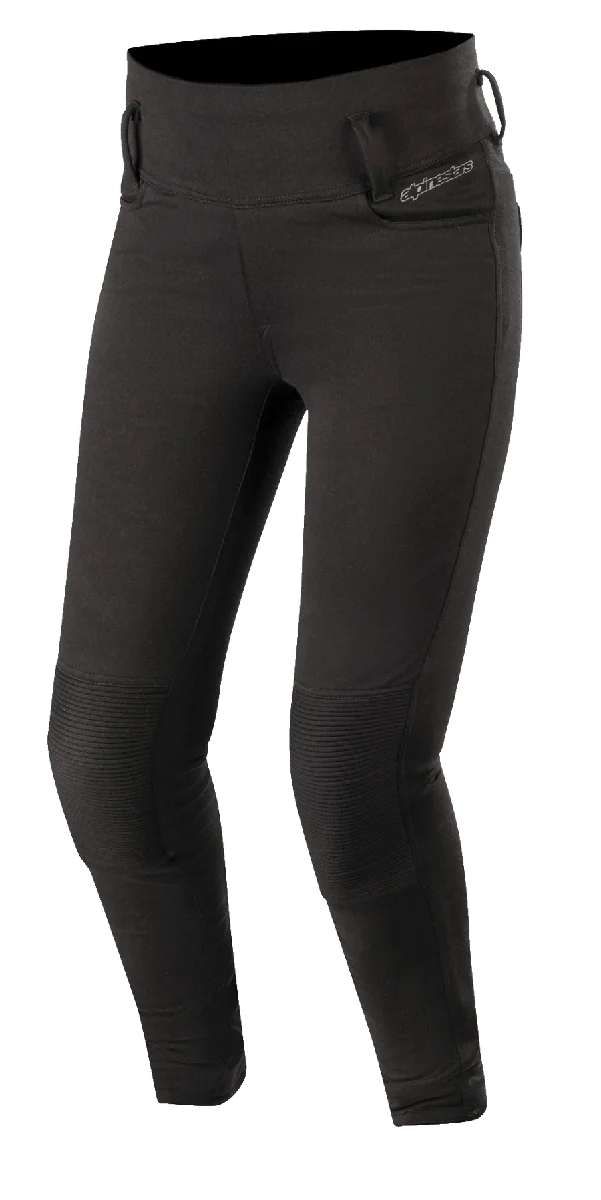 Alpinestars Banshee Women's Leggings, Black, fitted motorcycle riding leggings with reinforced ribbed knee panels, belt loops, and high-waisted design, sleek sporty look for urban road riding