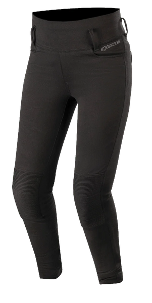 Alpinestars Banshee Women's Leggings, Black, fitted motorcycle riding leggings with reinforced ribbed knee panels, belt loops, and high-waisted design, sleek sporty look for urban road riding