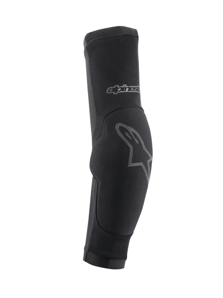 Alpinestars Paragon Plus Elbow Protectors, MTB Elbow Guards, Black with grey logo accents, slip-on sleeve design featuring a padded elbow section and breathable mesh material, protective gear for off-road cycling