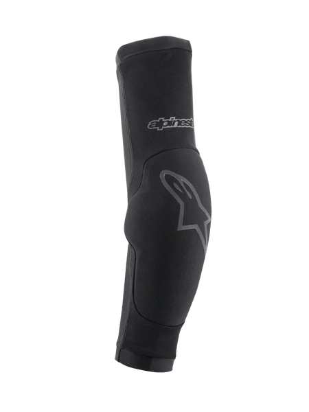 Alpinestars Paragon Plus Elbow Protectors, MTB Elbow Guards, Black with grey logo accents, slip-on sleeve design featuring a padded elbow section and breathable mesh material, protective gear for off-road cycling