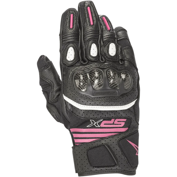 Alpinestars Women's SPX Air Carbon V2 Gloves, short-cuff motorcycle gloves in Black and Fuchsia, featuring a carbon fiber knuckle protector, perforated leather and mesh construction, white trim, and fuchsia branding on the wrist