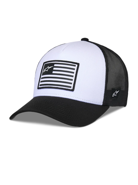 Alpinestars Flag Snapback Hat, White and Black, Structured crown with curved bill, white front panel and black mesh back, featuring a rectangular flag-style logo patch, casual motorsport-inspired headwear