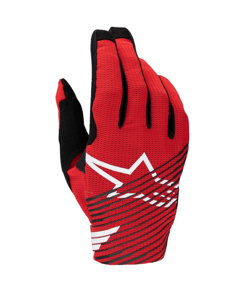 Alpinestars 2025 Radar Pro Gloves, Motocross Gloves, Bright Red Black and White, featuring a large white star logo with black diagonal stripes on a breathable mesh backhand, lightweight performance gear for off-road racing