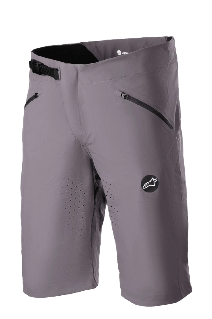 Alpinestars Drop Algorithm Shorts, MTB Mountain Biking Shorts, Sparrow Gray, laser-perforated ventilation on thighs, two black zippered pockets, adjustable ratchet waist buckle, Alpinestars star logo patch, lightweight technical stretch fabric
