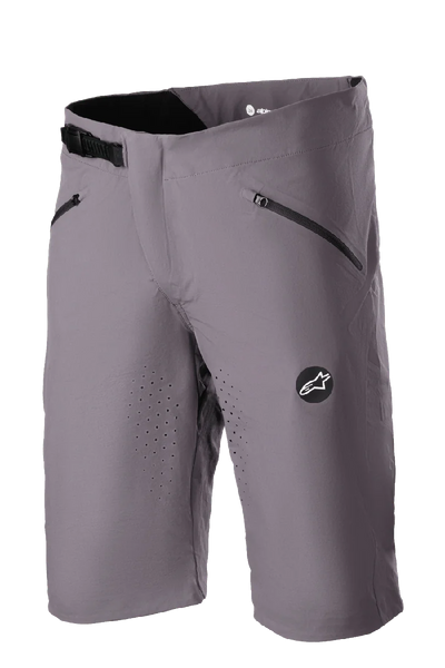 Alpinestars Drop Algorithm Shorts, MTB Mountain Biking Shorts, Sparrow Gray, laser-perforated ventilation on thighs, two black zippered pockets, adjustable ratchet waist buckle, Alpinestars star logo patch, lightweight technical stretch fabric