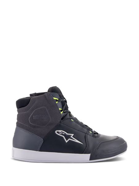 Alpinestars Chrome Drystar Shoes, urban motorcycle riding sneakers in Black, Dark Gray, and Yellow Fluo, featuring premium leather and suede panels, white sole, neon yellow laces, and signature star logo.