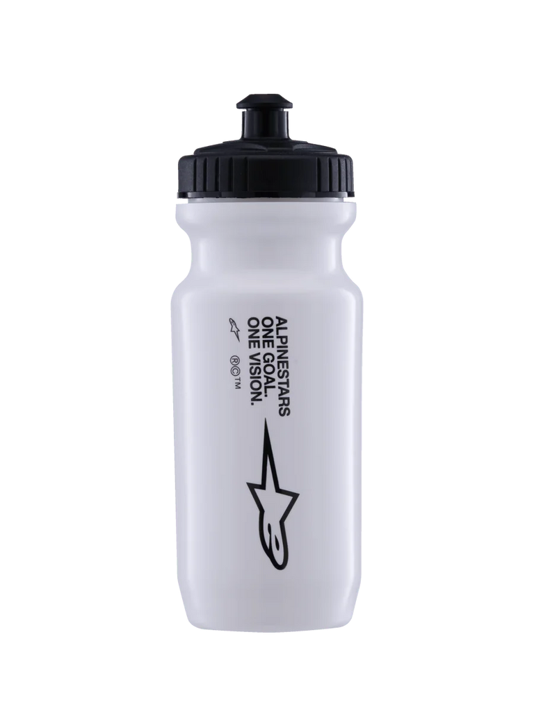 Alpinestars Water Bottle Ogov 20Oz, White with Black Cap, featuring 'One Goal One Vision' text and Alpinestars logo, push-pull spout, cylindrical squeeze design for cycling hydration