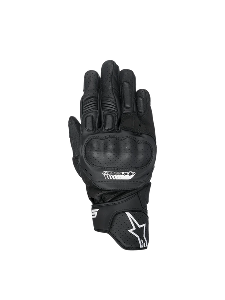 Alpinestars SP-5 Gloves, Black leather motorcycle racing gloves with polymer knuckle guards and perforated details.