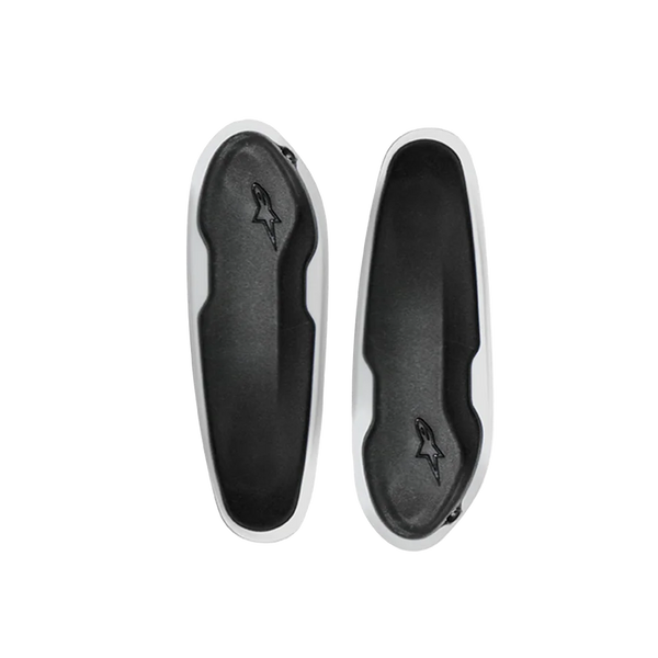 Alpinestars Toe Slider, motorcycle racing boot replacement sliders, Black and White, oval-shaped protection pads with embossed star logo, durable metal spare parts for racing boots