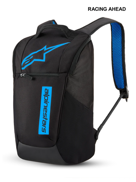 Alpinestars Defcon V3 Backpack, small daily backpack, Black and Blue, featuring a bright blue star logo and vertical text branding, front zipper pocket, and blue air mesh padded shoulder straps, durable sportswear design