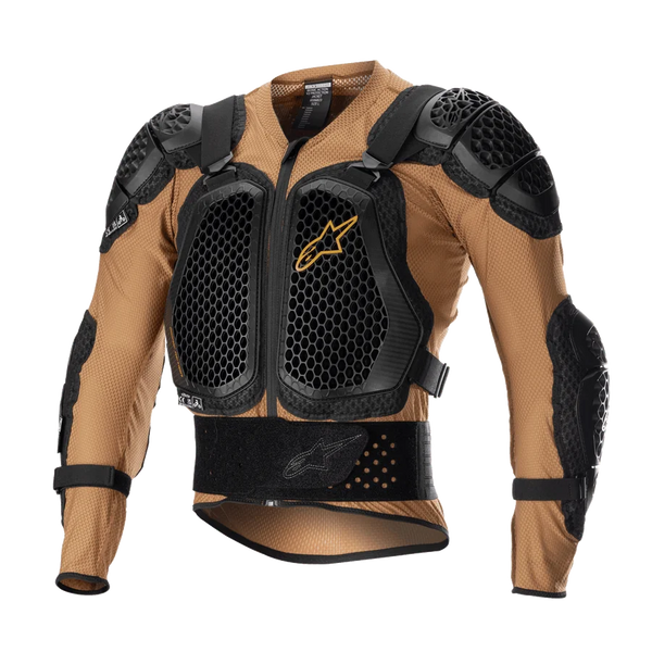 Alpinestars Bionic Action V2 Protection Jacket, Motorcycle Body Armor, Sand and Black with Tangerine accents, featuring honeycomb-patterned Cell Technology chest and shoulder plates, breathable mesh construction, integrated waist belt and adjustable straps, CE certified for motocross and off-road riding