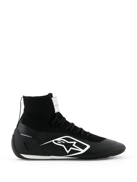 Alpinestars Supertech K Shoes FIA, Black Karting Racing Shoes, High-Top Knitted Design with White Logo, Sock-Like Ankle Collar, White Textured Sole, FIA Certified