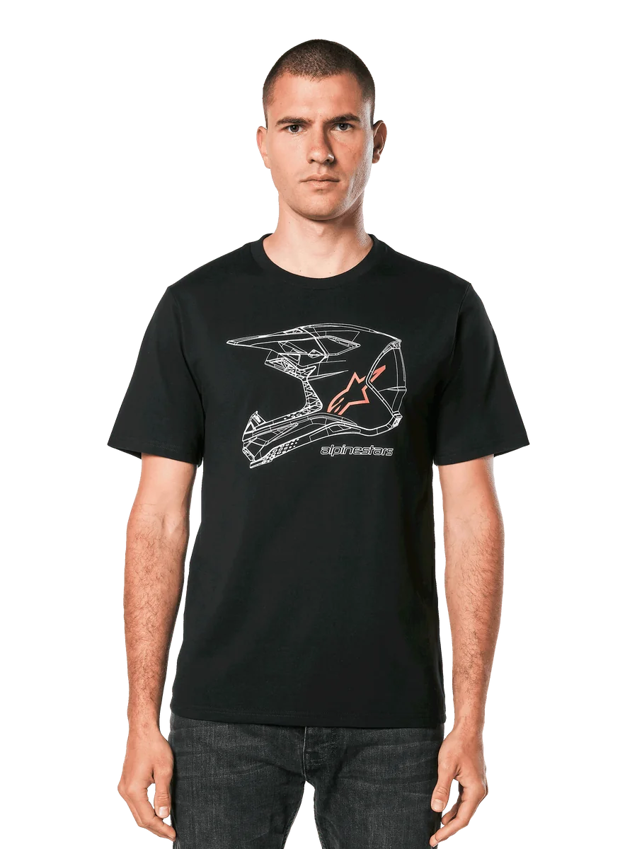 Alpinestars MX Helmet CSF Tee, Short Sleeve T-Shirt, Black, White geometric motocross helmet graphic with orange star logo, casual motorsport streetwear