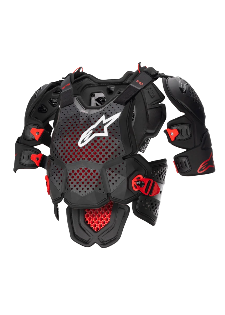 Alpinestars A-10 V2 Full Chest Protector, Motocross Body Armor in Anthracite Black and Red, featuring a perforated chest plate with a white Alpinestars logo, adjustable shoulder protection, and impact-resistant buckles, CE Level 2 certified off-road protective gear