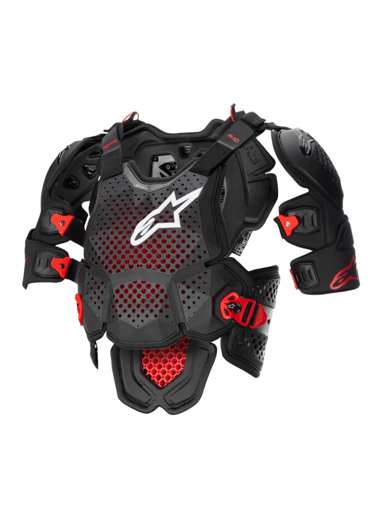 Alpinestars A-10 V2 Full Chest Protector, Motocross Body Armor in Anthracite Black and Red, featuring a perforated chest plate with a white Alpinestars logo, adjustable shoulder protection, and impact-resistant buckles, CE Level 2 certified off-road protective gear