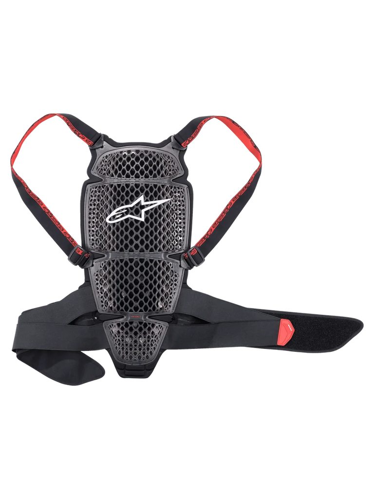 Alpinestars Nucleon KR-Cell Protector, Motorcycle Back Protector, Smoke Black and Red, featuring a perforated honeycomb grid with a white Alpinestars logo, adjustable red branded straps, and a black waist belt, ergonomic ventilated design