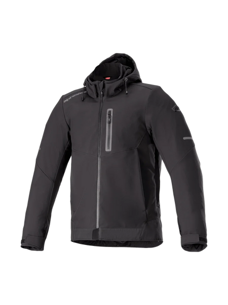 Alpinestars Neo Waterproof Hoodie, men's black urban motorcycle jacket, waterproof softshell textile, Tech-Air Ready.