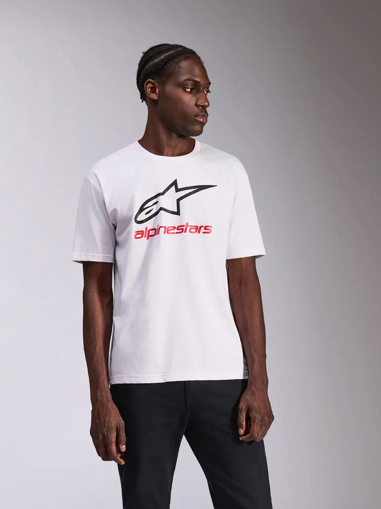Alpinestars Always 2.0 CSF Tee, Short Sleeve T-Shirt, White, Black Alpinestars Logo and Red Text, Casual Motorsport Sportswear