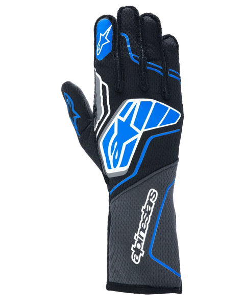 Alpinestars Tech-1 ZX V4 Gloves, Auto Racing Gloves, Black with Blue and Grey Accents, featuring the white Alpinestars star logo and wordmark, honeycomb fabric construction, professional motorsport gear.