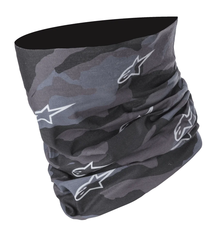 Alpinestars Tactical Neck Tube in Black Tar Gray, digital camouflage pattern with white star logos, seamless microfiber construction, versatile motorcycle neck gaiter and base layer coverage