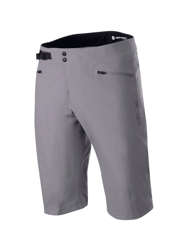Alpinestars A-Dura Liner Shorts, Dark Gray MTB Mountain Bike Shorts, double snap front closure with adjustable side cinch buckle, zippered hand pockets, durable 2-way stretch textile fabric, Astars logo on the side, black interior waistband