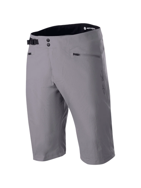 Alpinestars A-Dura Liner Shorts, Dark Gray MTB Mountain Bike Shorts, double snap front closure with adjustable side cinch buckle, zippered hand pockets, durable 2-way stretch textile fabric, Astars logo on the side, black interior waistband
