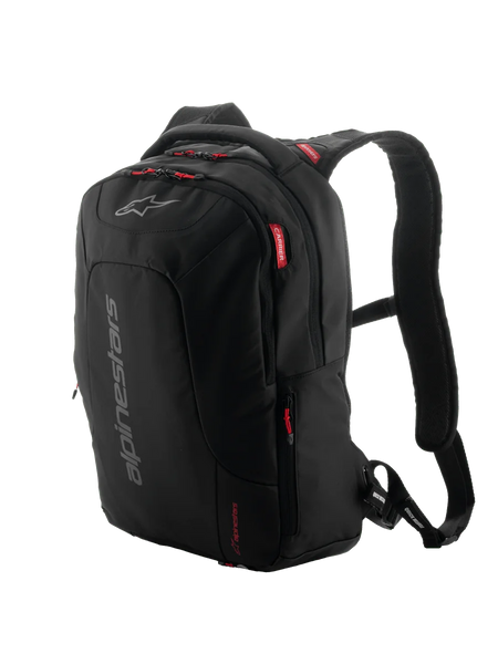 Alpinestars City Hunter V2 Backpack, Urban Motorcycle Backpack, Black with Red Zipper Pulls and Accents, Grey Vertical Branding, Padded Mesh Shoulder Straps, Sleek Tapered Design for Riding Stability