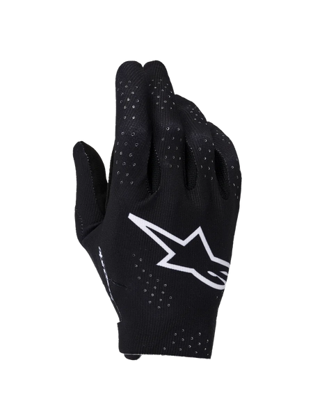 Alpinestars Supertech MX Gloves, Motocross Gloves, Black and White, backhand view featuring a large white Astars logo, laser-cut perforations for ventilation, and a seamless ergonomic design for off-road racing