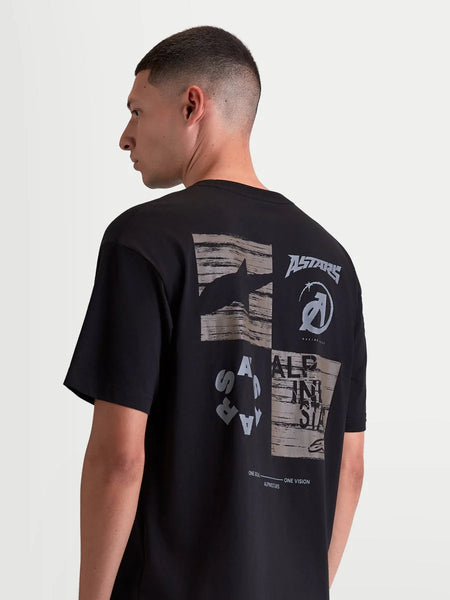Alpinestars Checkback Oversized CSF Tee, Sportswear Short Sleeve T-Shirt, Black with a bold grey and white collage-style back graphic featuring the Astars logo, relaxed oversized fit.
