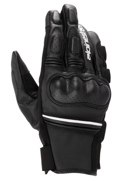Alpinestars Phenom Leather Gloves, Black and White, short-cuff motorcycle gloves with hard knuckle protection, perforated leather details, white Alpinestars branding on the index finger, and white stripe accent at the wrist