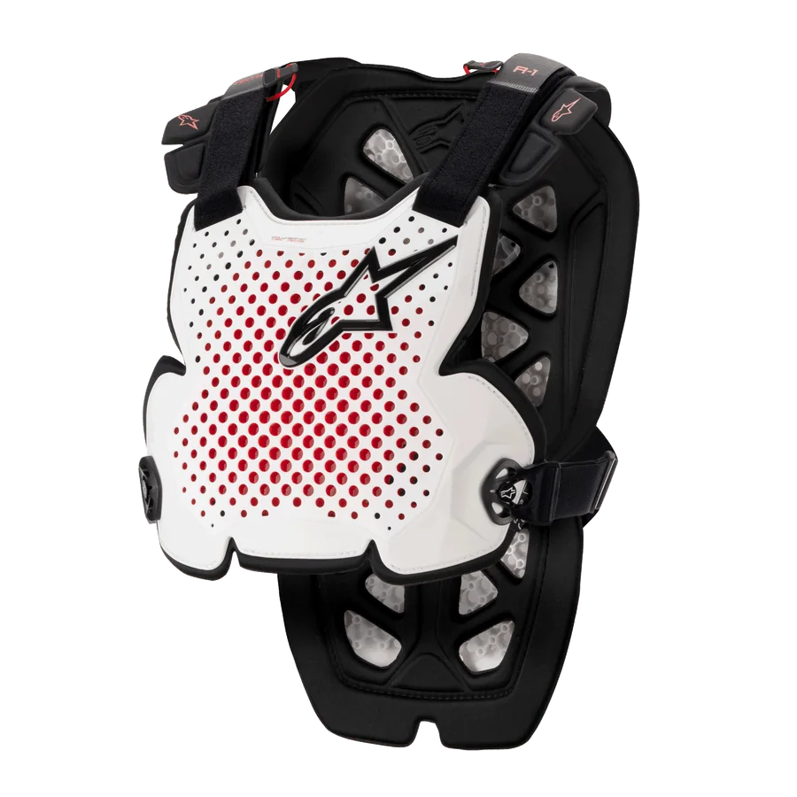 Alpinestars A-1 Pro Chest Protector, Motocross Body Armor, White Black and Red, featuring perforated ventilation with red interior, black star logo, adjustable black straps, lightweight protective padding for off-road racing
