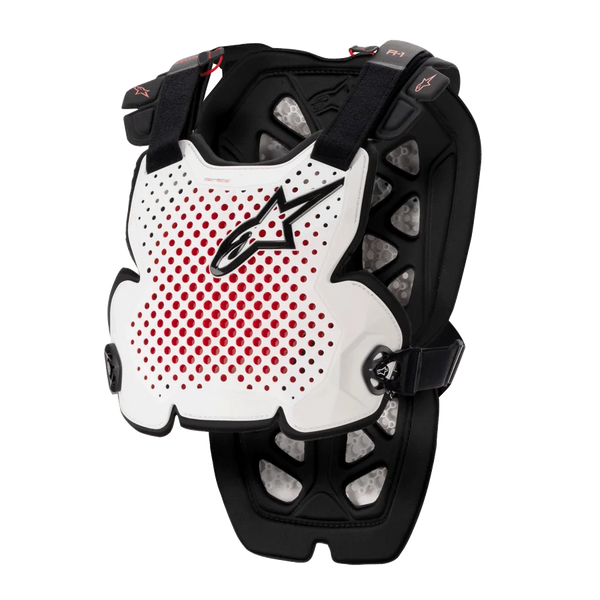 Alpinestars A-1 Pro Chest Protector, Motocross Body Armor, White Black and Red, featuring perforated ventilation with red interior, black star logo, adjustable black straps, lightweight protective padding for off-road racing