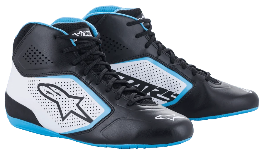 Alpinestars Tech-1 K Start V2 Shoes, Karting Shoes, Black White and Light Blue, featuring perforated side panels, Astar logo, and vibrant blue sole accents, mid-cut racing design