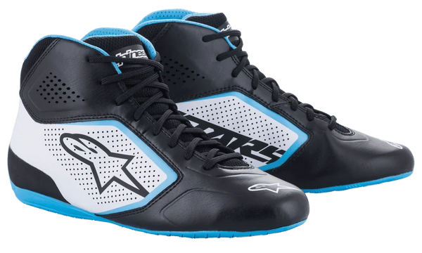 Alpinestars Tech-1 K Start V2 Shoes, Karting Shoes, Black White and Light Blue, featuring perforated side panels, Astar logo, and vibrant blue sole accents, mid-cut racing design