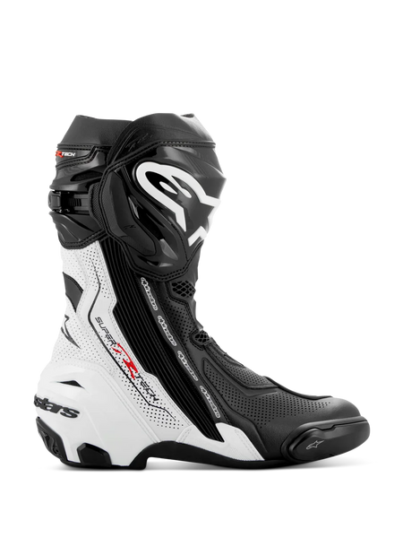 Alpinestars Supertech R Vented Boots, Motorcycle Racing Boots, Black and White with Red Accents, side profile featuring extensive perforations for breathability, large white logo on the shin, and protective TPU sliders.