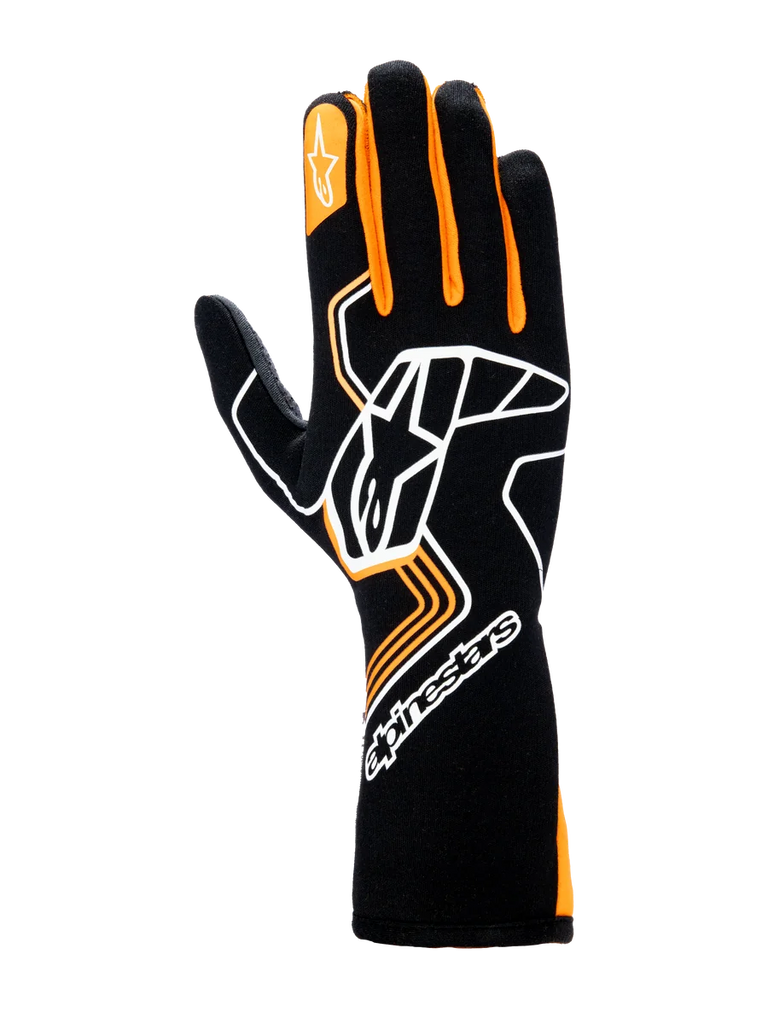 Alpinestars Tech-1 Race V4 Gloves, Auto Racing Gloves, Black and Orange Fluo, featuring a large white Astar logo on the back of the hand, orange finger accents, and a high-cuff gauntlet design for professional motorsports protection