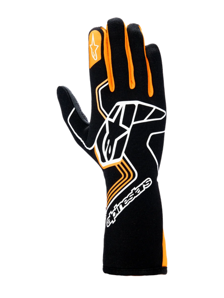 Alpinestars Tech-1 Race V4 Gloves, Auto Racing Gloves, Black and Orange Fluo, featuring a large white Astar logo on the back of the hand, orange finger accents, and a high-cuff gauntlet design for professional motorsports protection