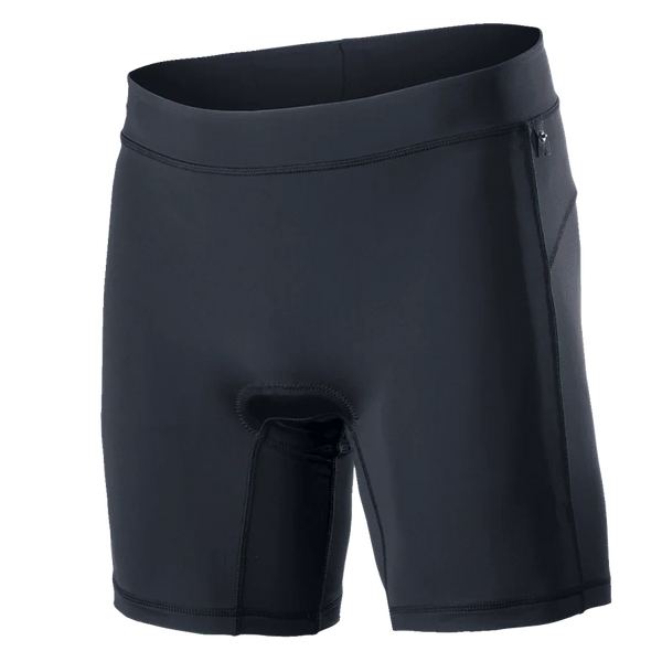Alpinestars Drop Inner Shorts, Black mountain bike liner shorts with integrated chamois padding, wide elastic waistband, ergonomic compression fit, and breathable quick-drying stretch fabric for trail and Enduro riding.