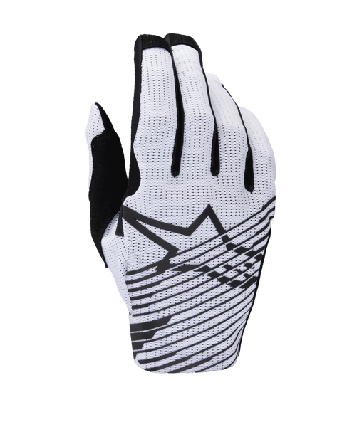Alpinestars 2025 Radar Pro Gloves, Motocross Gloves, White and Black, backhand view featuring perforated mesh construction, black Alpinestars star logo with horizontal graphic lines, and black finger accents